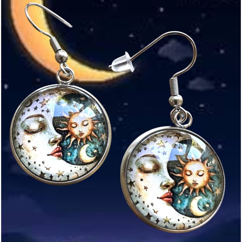 Moon Star Sun Earrings Navy Blue Eclectic Planet Astrology Zodiac Celestial Taro